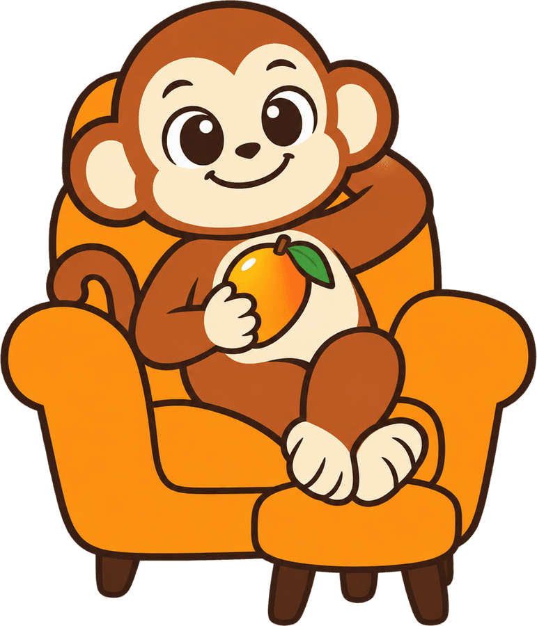 Manny the monkey relaxing in an armchair with a mango
